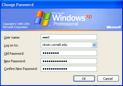 A user password policy change window shown in Windows XP